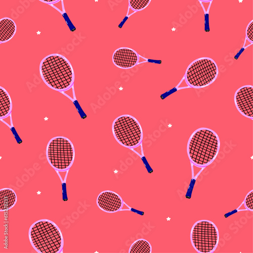Seamless pattern with tennis racquet and star. Sport equipment, fitness concept. Vector illustration. Cartoon style. Red background