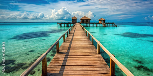 Wooden jetty that juts out into paradise tuquoise waters. Generative AI