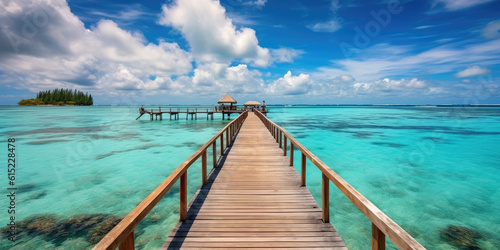 Wooden jetty that juts out into paradise tuquoise waters. Generative AI © Farnaces