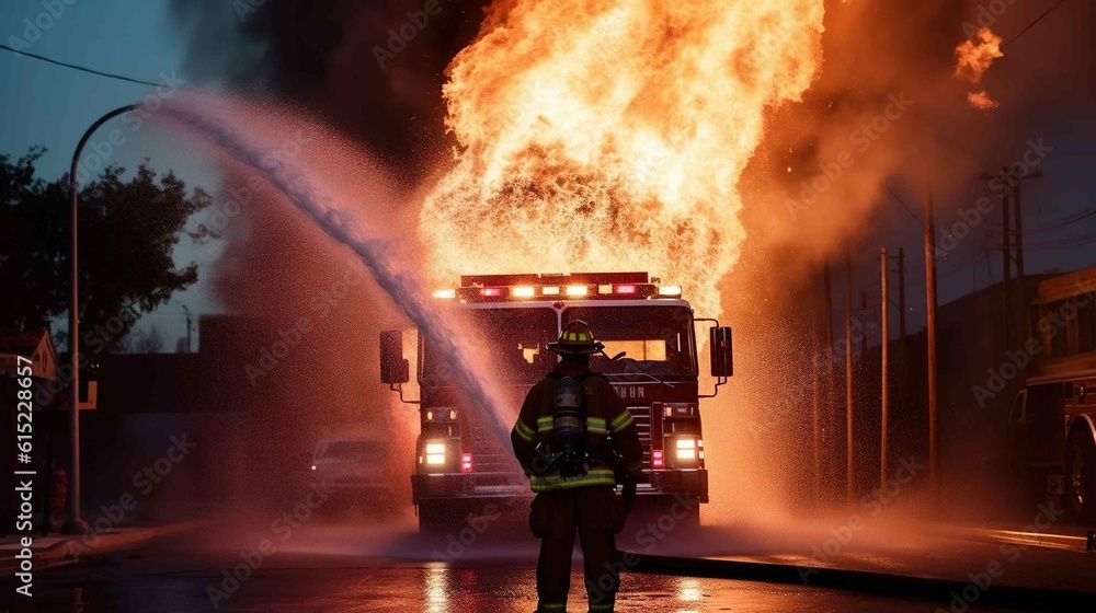 A fire truck extinguishes the flames around with firefighters. Created with generative AI.