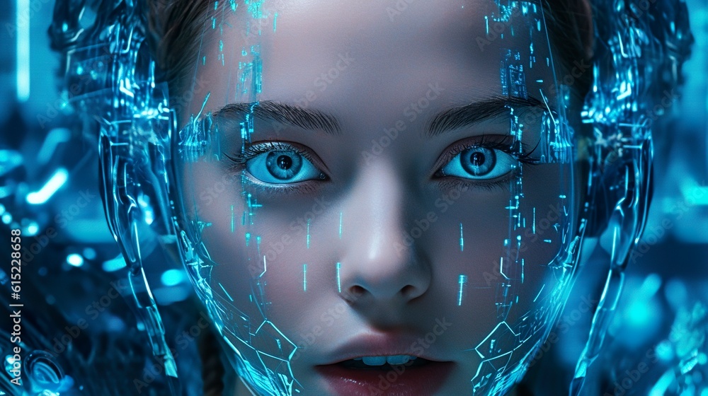 Virtual holographic shell on a woman's face. Close up Virtual holographic shell on a woman's face. Close up
