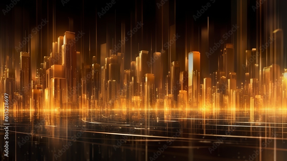 Virtuall reality golden city background. Futuristic skyscrapers