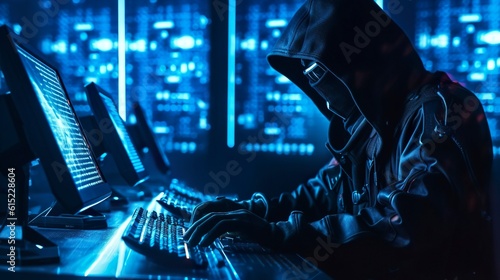 Cybercriminal hacking. Hooded hacker hacks security system.