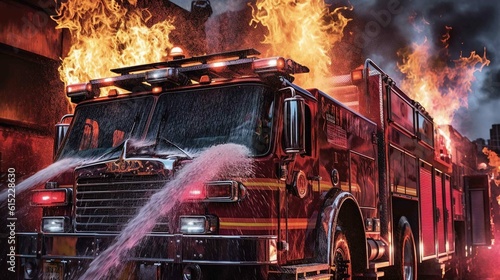 A fire truck extinguishes the flames around with firefighters. Created with generative AI.