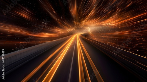 Acceleration speed motion on night road. Abstract golden background, beautiful lines and blur.