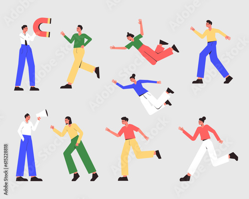 Business Man and Woman Character with Megaphone and Magnet Vector Set
