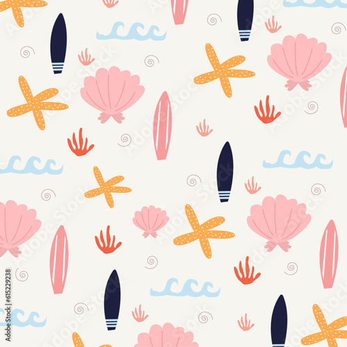 Summer seamless pattern with surf boards, seashells and stars 