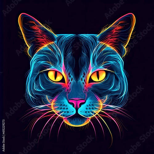 Portrait of a cat in neon style on a dark background.