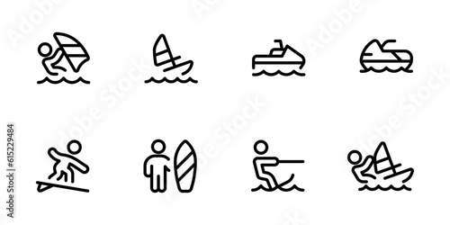 Surfing icon, nautical sports vector set design with Editable Stroke. Line, Solid, Flat Line, thin style and Suitable for Web Page, Mobile App, UI, UX design.