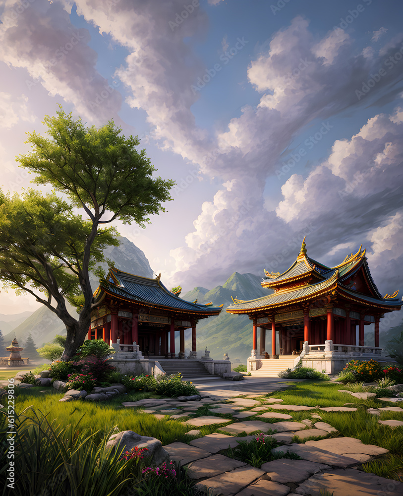 Panoramic temple landscape with scenic park and sky clouds Panoramic temple landscape with scenic park and sky clouds