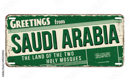 Greetings from Saudi Arabia vintage rusty metal sign