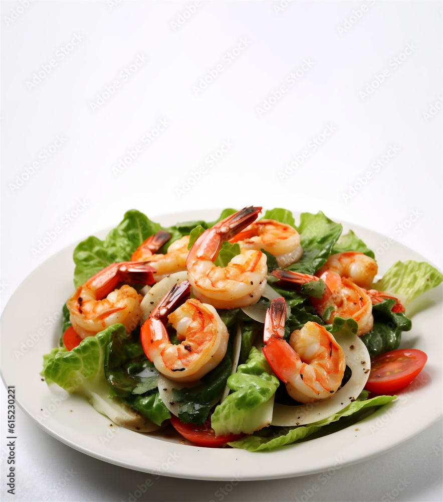 Delicious Cesar salad with shrimp, green lettuce and parmesan cheese isolated on white background. Ai generated Delicious Cesar salad with shrimp, green lettuce and parmesan cheese isolated on white background. Ai generated