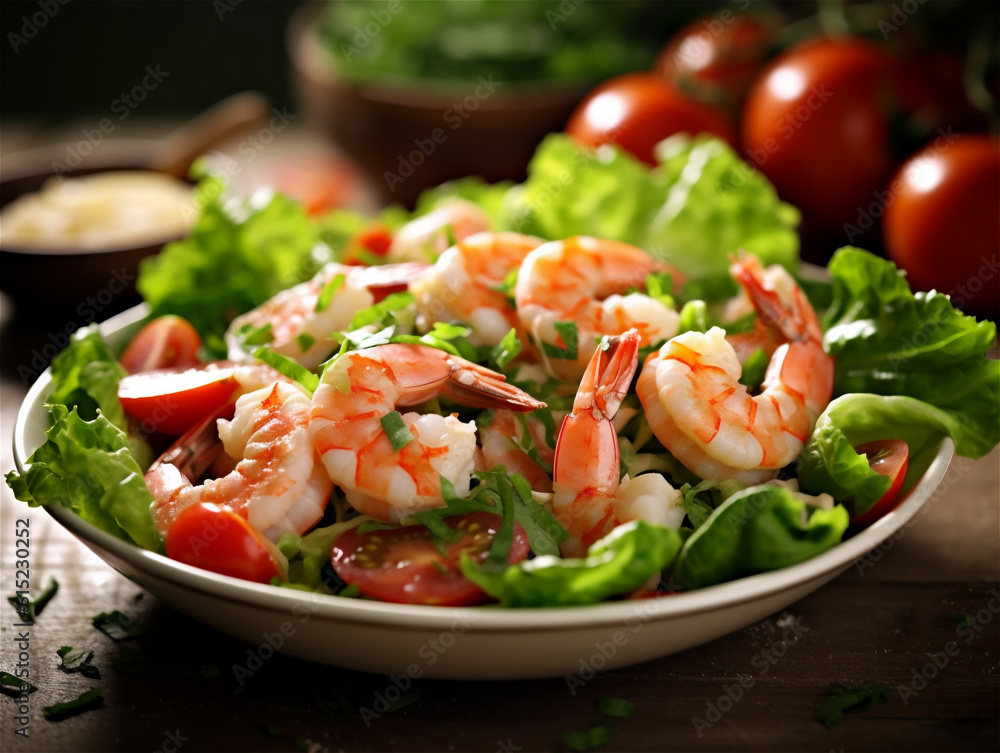 Fresh green salad with shrimp, lettuce and tomatoes. Ai generated Fresh green salad with shrimp, lettuce and tomatoes. Ai generated