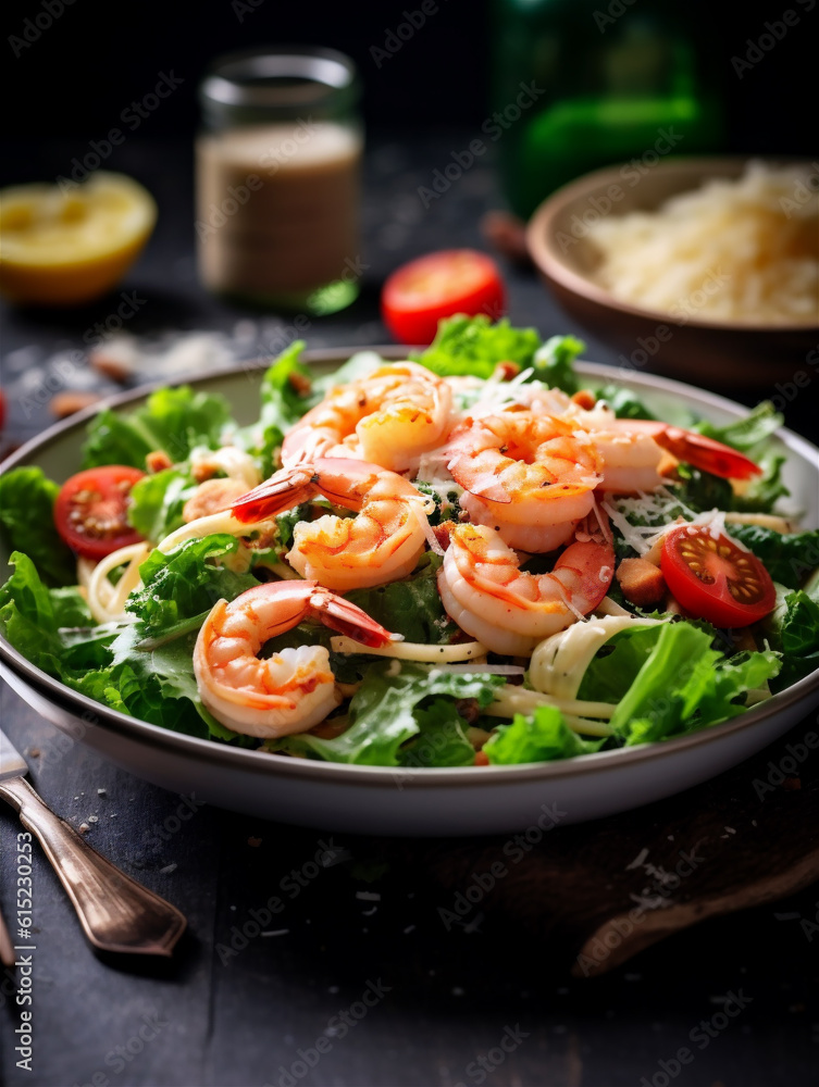 Fresh green salad with shrimp, lettuce and tomatoes. Ai generated Fresh green salad with shrimp, lettuce and tomatoes. Ai generated