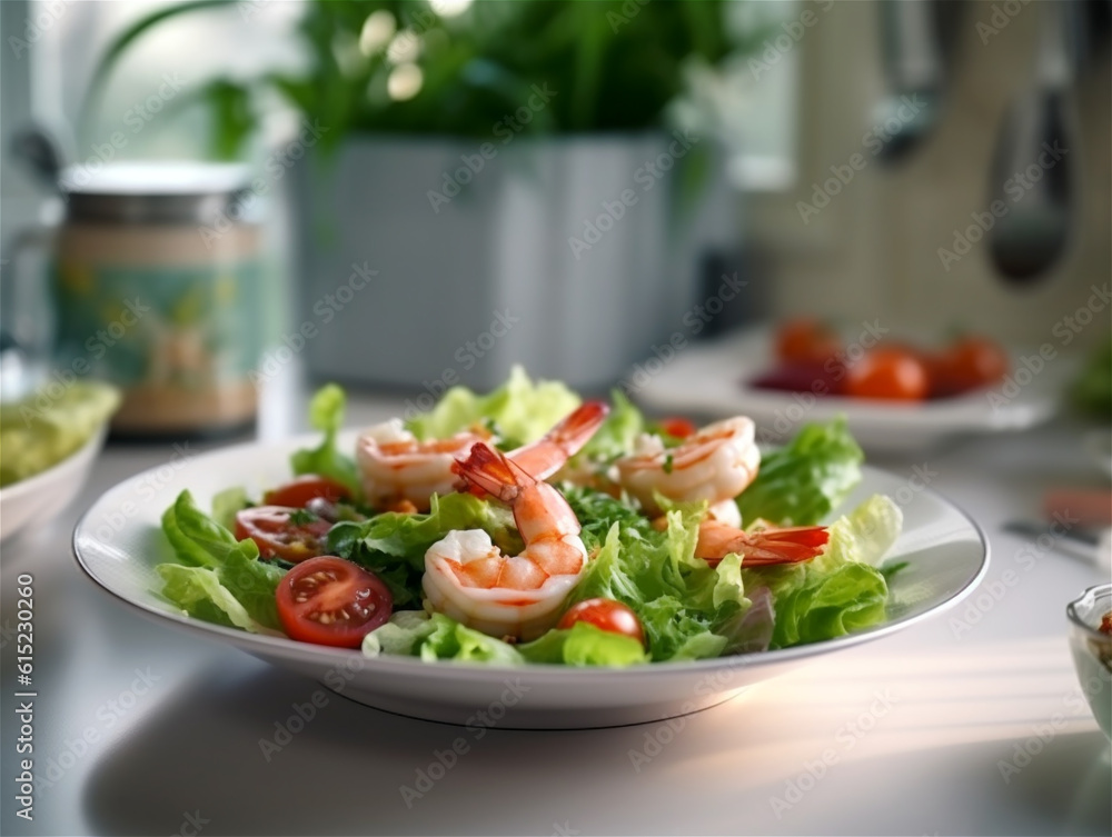 Fresh green salad with shrimp, lettuce and tomatoes. Ai generated Fresh green salad with shrimp, lettuce and tomatoes. Ai generated