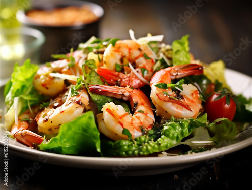 Close up of a Cesar salad with shrimp, green lettuce and parmesan cheese isolated on white background. Ai generated