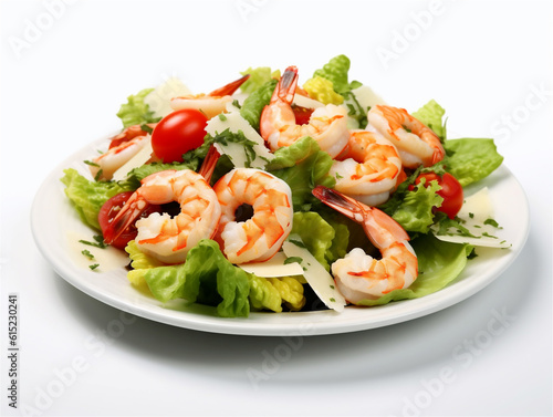 Delicious Cesar salad with shrimp, green lettuce and parmesan cheese isolated on white background. Ai generated