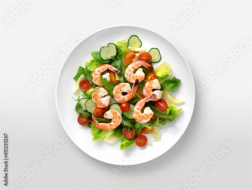 Top view of Cesar salad with shrimp, green lettuce and parmesan cheese isolated on white background. Ai generated