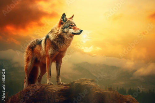 Wolfin the wilderness  Sunset  freedom concept 