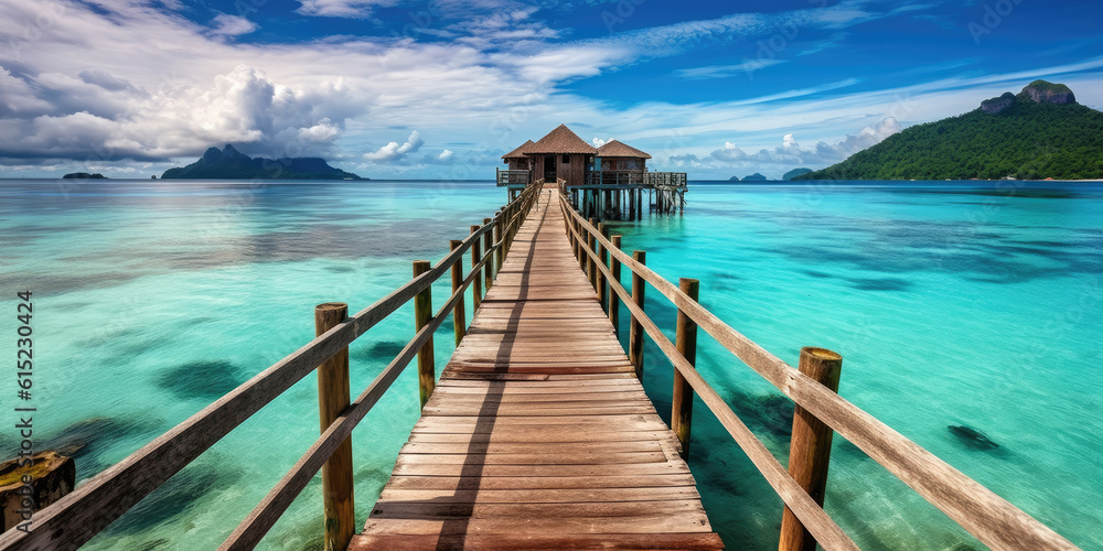 Wooden jetty that juts out into paradise tuquoise waters. Generative AI - obrazy, fototapety, plakaty 