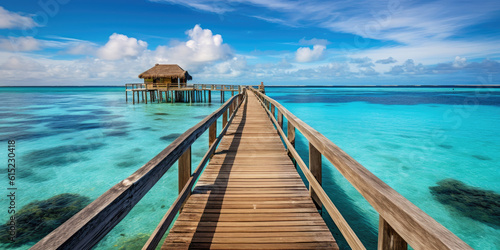 Wooden jetty that juts out into paradise tuquoise waters. Generative AI photo