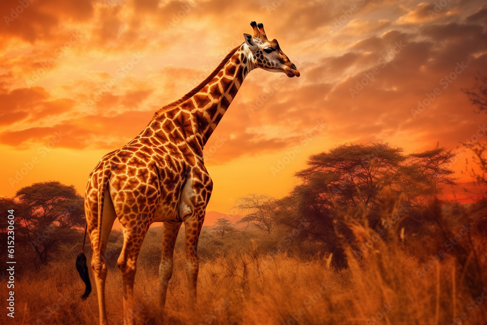 Giraffe in the wilderness, Sunset, freedom concept 