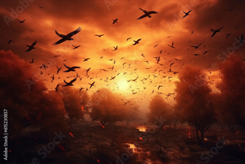 Birds in the wilderness, Sunset, freedom concept 