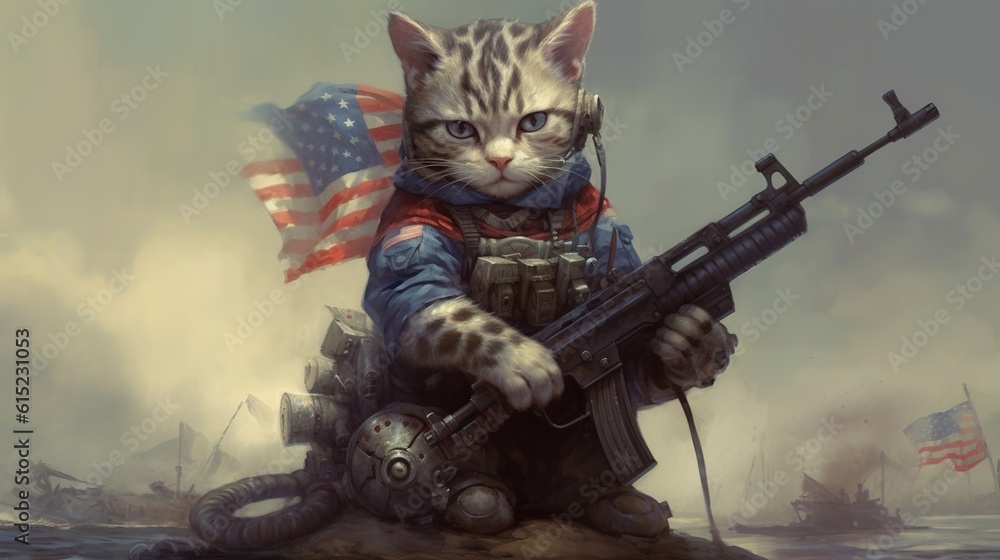 Cartoon cat soldier with a gun in his hands on the background of the American flag. . Fantasy concept , Illustration painting.