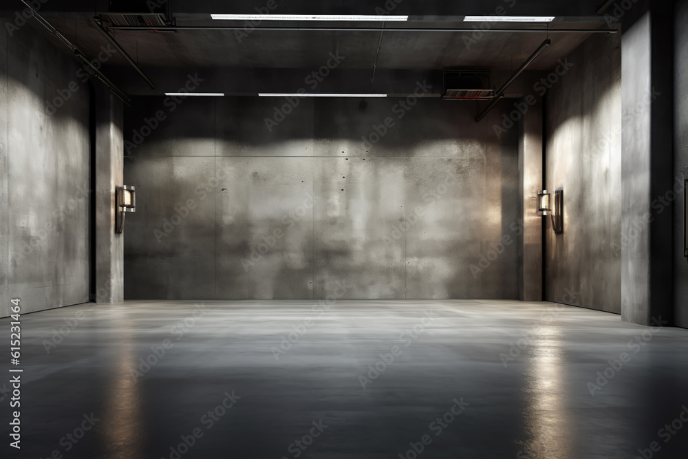 Dark basement with concrete walls and reflective cement floor and spot lighting in the back wall Dark basement with concrete walls and reflective cement floor and spot lighting in the back wall