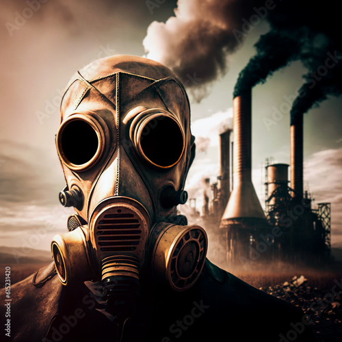 Generative AI of the portrait of a man wearing a gas mask for chemical protection in front of a heavy smoke coming from the chimneys of a nuclear reactor. 