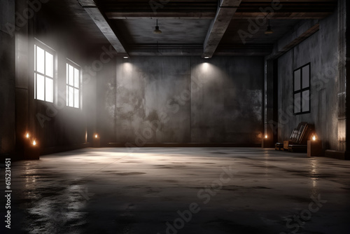 Dark basement with concrete walls and reflective cement floor and spot lighting in the back wall