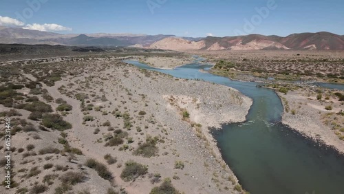 Drone footage of the remote and scenic nature with branches of the river Rio Grande along the famous Ruta40 in Mendoza Province in Argentina - Traveling South America - natural look photo