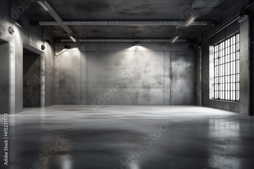 Dark basement with concrete walls and reflective cement floor and spot lighting in the back wall