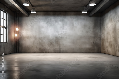 Dark basement with concrete walls and reflective cement floor and spot lighting in the back wall © MUS_GRAPHIC