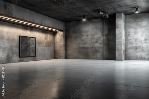 Dark basement with concrete walls and reflective cement floor and spot lighting in the back wall © MUS_GRAPHIC
