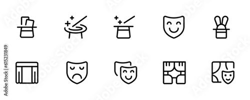 Theater icon, masquerade, mask, mime, stage, concert vector set design with Editable Stroke. Line, Solid, Flat Line, thin style and Suitable for Web Page, Mobile App, UI, UX design.