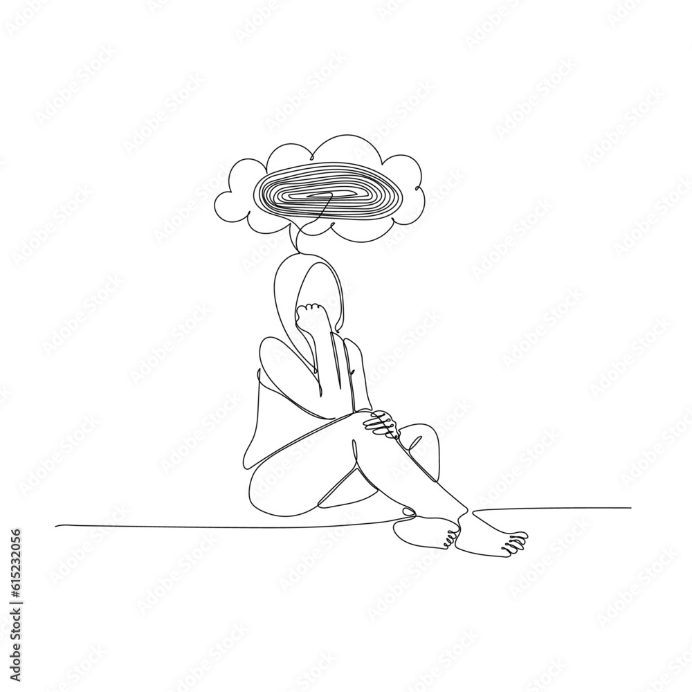 This simple, black and white line art illustration depicts a young girl sitting on the ground with her head in her hands. Her expression is sad and dejected, and the art conveys a sense of loneliness 