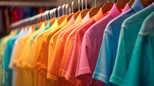 Men's collared T-shirts hanging on a rack in a clothing store. Men's clothing in vibrant colors. Sale of casual clothing. Clear and illuminated image. Generative ai.