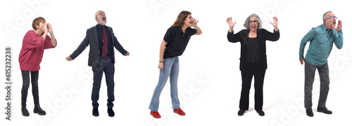 group of people shouting on white background photo