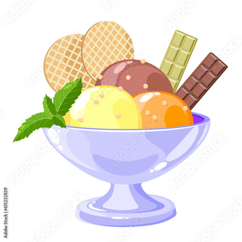 Dessert with three scoops of ice cream, waffles and chocolate in a bowl isolated on white background