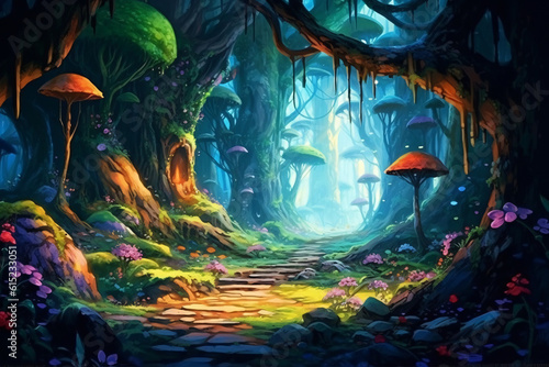 Fantasy dark magical forest. Video Game s Digital CG Artwork  Concept Illustration  Realistic Cartoon Style Background