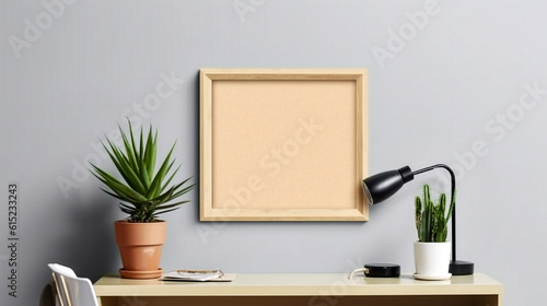 room with table and chairs, Empty wooden picture frame mockup hanging on beige wall background. Modern interior concept.