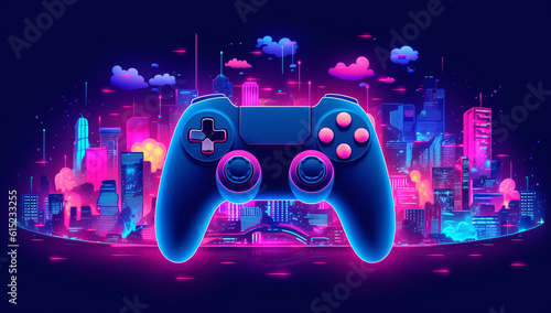 Modern gamepad on a purple city background