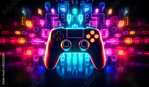 Modern gamepad with neon lights in background