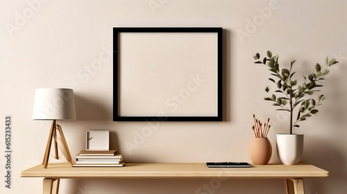 room with a table, Empty wooden picture frame mockup hanging on beige wall background. Modern interior concept. © SATRIA