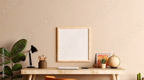 interior of a room, Empty wooden picture frame mockup hanging on beige wall background. Modern interior concept.
