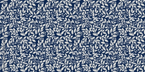 Masculine indigo floral blockprint linen seamless border. All over print of navy blue cotton effect flower linocut fabric banner.