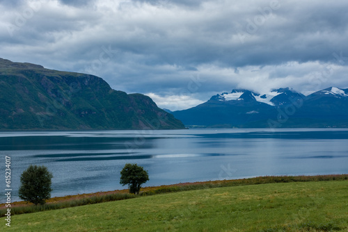 Cloudy sky over a fjord in Norway