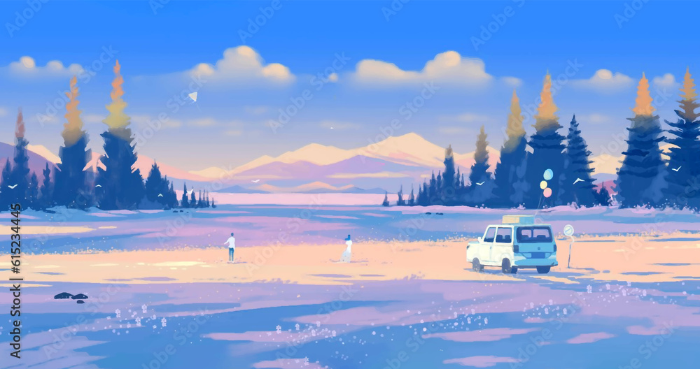 © Diganime - Landscape with couple in adventure with car in snowy evening where sunlight falling in the forest and mountains © Diganime - Landscape with couple in adventure with car in snowy evening where sunlight falling in the forest and mountains