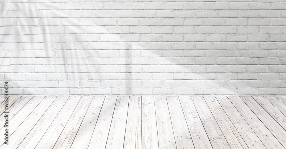 MUR EN BRIQUES BLANCHES avec ombre et lumières et parquet en bois blanc